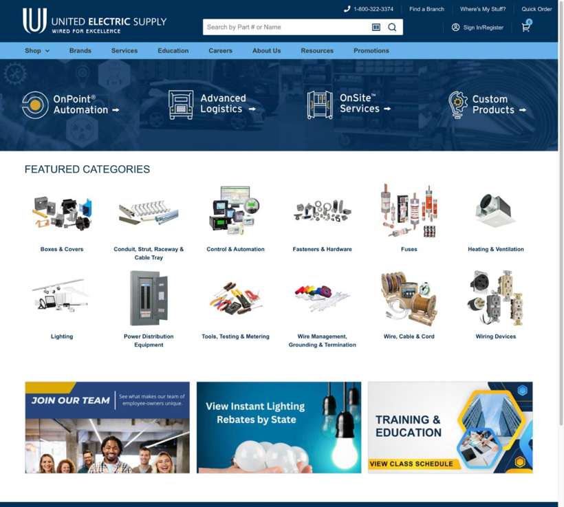 United Electric Supply homepage, captured 21 August 2026